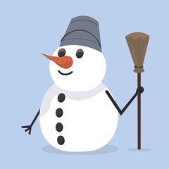 Cute snowman with broom on light blue background