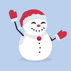 Cute snowman in Santa hat and mittens on light blue background
