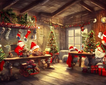 A huge warehouse is filled with rows upon rows of long tables. elves are busy at work, wrapping presents and stacking them in neat piles. The air is full of the sound of laughter and music and the occ