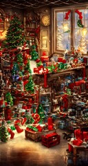 Fototapeta premium The Christmas toy factory is a flurry of activity. Toys are being assembled, wrapped and shipped off to excited children all over the world. The elves are busy at work and the conveyor belt keeps movi