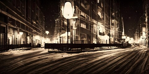 The city street is covered in a soft layer of snow, and the evening air is chill. The sidewalks are empty except for a few people hurrying home from work. The buildings loom above, their windows glowi