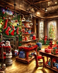 The Christmas toy factory is a bustling place. Workers are busy packing toys into boxes and loading them onto trucks. The air is filled with the sounds of machines and cheerful voices. On the walls, t