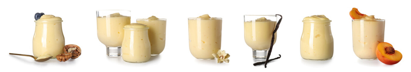 Set of tasty pudding isolated on white