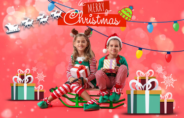 Christmas greeting card with cute elves on red background