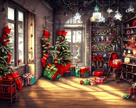In the Christmas toy factory, elves are busy making toys. Some of the elves are painting dolls, others are stuffing teddy bears, and still others are putting together puzzles. In the center of the roo