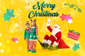 Beautiful Christmas greeting card with cute elves and Santa on yellow background