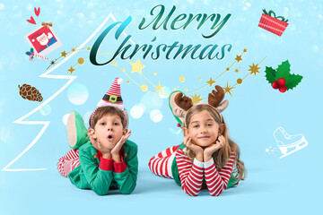 Beautiful Christmas greeting card with cute elves on light blue background