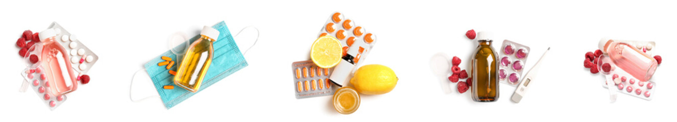 Collection of remedies for sore throat on white background