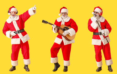 Set of Santa Claus listening to music, singing and playing guitar on yellow background