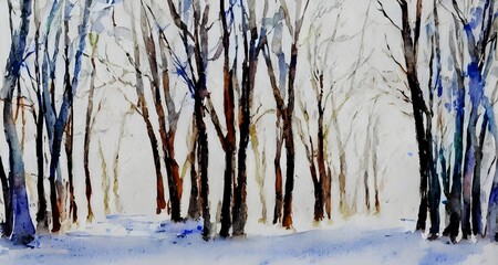 The watercolor winter forest is a beautiful and serene scene. The trees are all different shades of white, green, and brown, and the snow lightly dusts their branches. The ground is covered in a layer