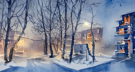 In the painting, there are several watercolor apartment buildings in different shades of blue. The sky is a deep purple color, and the snow on the ground glows white in the moonlight.