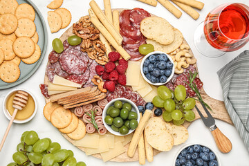 Tasty parmesan cheese and other different appetizers on white marble table, flat lay