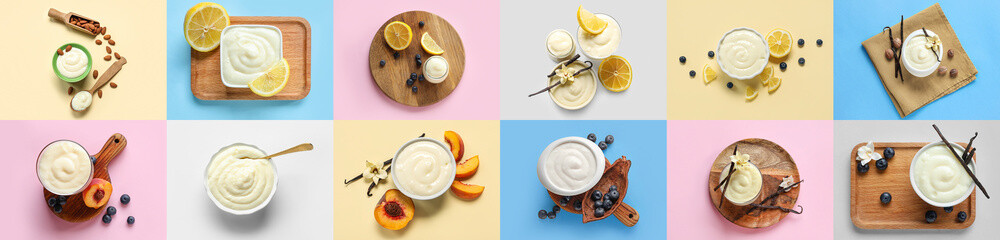 Collage of tasty pudding on color background, top view