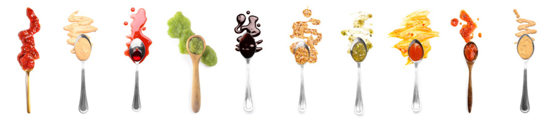 Collage of spoons with different sauces isolated on white