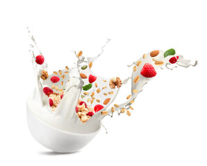 Bowl with splashing milk, sweet oatmeal, falling raspberries and nuts on white background - obrazy, fototapety, plakaty