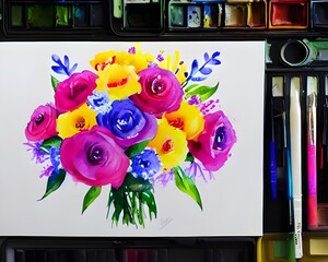 A gorgeous watercolor flower bouquet fills the frame. The flowers are in full bloom, and their vivid colors pop against the white background. Each petal is expertly painted, and the overall effect is 