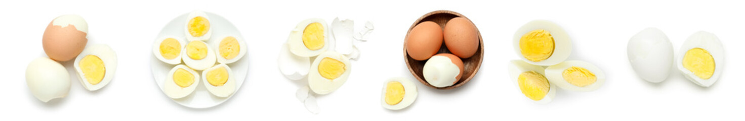 Set of healthy boiled eggs isolated on white, top view