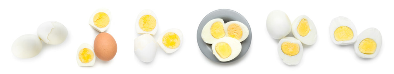 Set of healthy boiled eggs isolated on white, top view