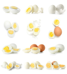 Set of many delicious boiled eggs isolated on white