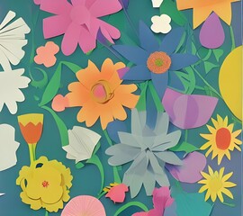 I see a piece of paper that has been cut into the shape of a flower. The petals are all different colors, and they're arranged in a circle around the center of the flower. There is green construction 