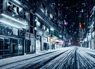 Obraz premium A city street on a winter evening. The snow is freshly fallen, and the lights from the buildings reflect off of it. A few people are out walking, their breath coming in white clouds.