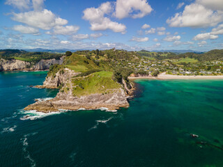 Drone shot of Te Pare point, Hahei beach New Zealand