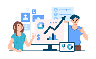 Business analytics teamwork. Man and woman show growing graphs and charts. Poster or banner for website. Calculation of income and expenses, economics and budgeting. Cartoon flat vector illustration
