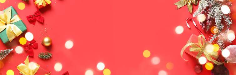 Banner with Christmas gifts and decor on red background