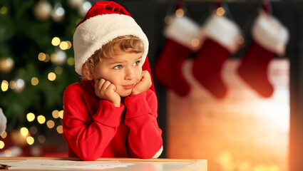 Thoughtful little child writing letter to Santa at home on Christmas eve
