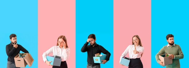 Set of sad and happy dismissed people with belongings on colorful background