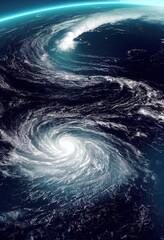 A view from space of an impending cyclone.There is not a single star in outer space.The color of the water in the ocean is blue.No land can be seen through the storm clouds of the cyclone.3D rendering