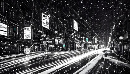 An evening winter scene of a city street. The pavement is covered in a light dusting of snow, and the air is crisp and chill. Street lamps cast a warm, yellow glow over the quiet sidewalk. A few cars 