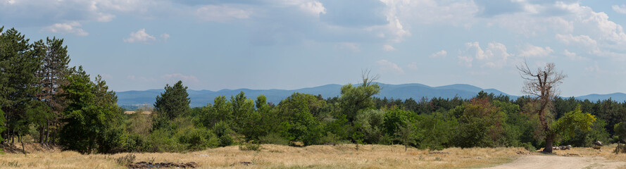 Fototapeta premium Panoramic terrain of southern Europe. Landscape of Bulgaria-mountains, fields, flora.