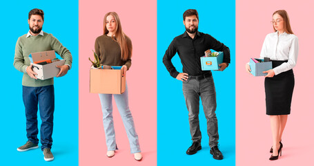 Set of dismissed people with belongings on colorful background