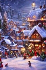 The snowflakes are gently falling on the cute little houses in the winter christmas village. The red and green lights twinkle brightly, and you can see people walking around with their arms full of pr