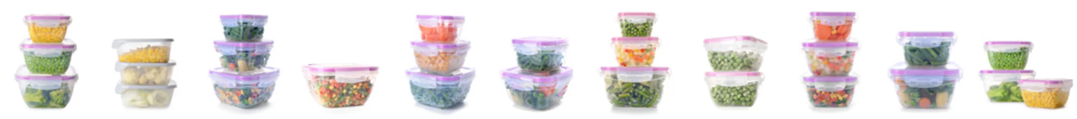 Lichtdoorlatende rolgordijnen Verse groenten Collage of plastic containers with fresh vegetables isolated on white