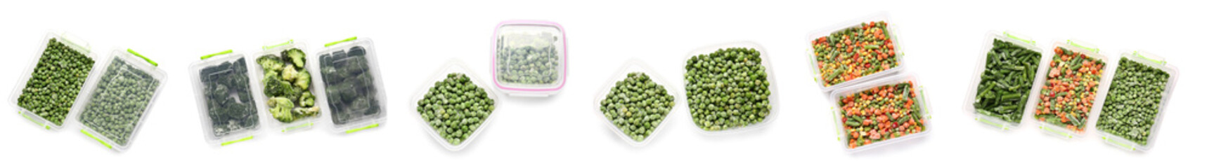 Collage of plastic containers with fresh vegetables on white background, top view