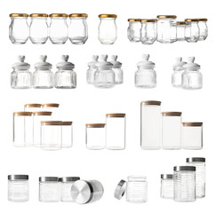 Collection of clean jars on white background