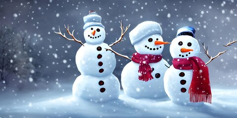 I see a cute snowman in the snow. He has two sticks for arms and coal eyes. His carrot nose is pointing up towards the sky.