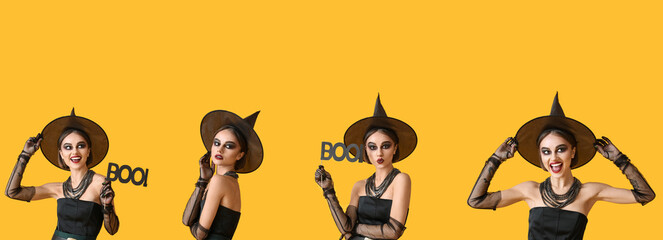 Set of young witch on yellow background