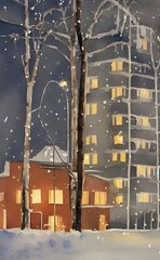 The watercolor apartment buildings are standing in the winter nighttime. The colors are muted and there is a nocturnal feeling to the scene.