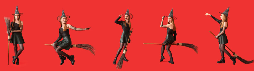 Set of young witch with broom on red background