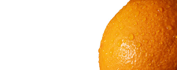 Fresh orange fruit skin close up isolated. Ripe orange texture with water drops on white...