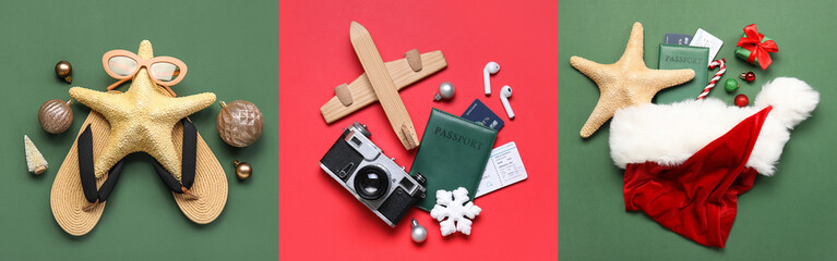 Collage of Christmas compositions with traveler's accessories on color background