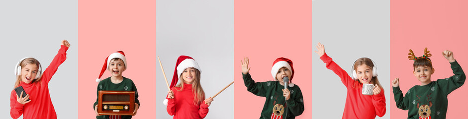 Children with headphones, drumsticks, radio receiver and microphone on color background. Christmas...