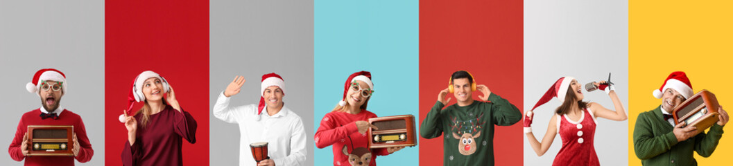People with headphones, microphone, drum and radio receivers on color background. Christmas...