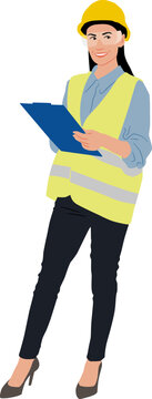 A female worker holding a clipboard wearing a helmet and a vest. Hand-drawn vector illustration isolated on white. Full length view