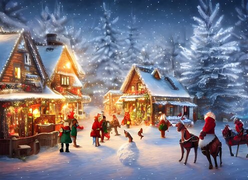 I see a winter christmas village under a blanket of snow. The houses are covered in frost and the trees are laden with icicles. In the distance, I can see mountains towering over the scene. It's so pe