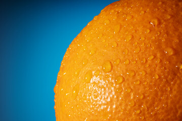 Fresh orange fruit skin close up. Ripe orange texture with water drops on blue background. Banner,...