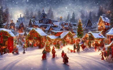 The winter christmas village is covered in a blanket of snow. The houses are all decorated with lights and garland. The villagers are all bundled up in their warmest clothes, ready to celebrate the ho